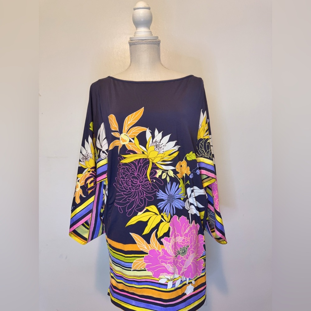 Trina Turk Blue and Yellow Graphic 3/4 Sleeve Blouse